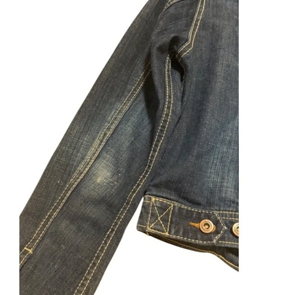 Unionbay Womens Dark Wash Distressed Cropped Denim Trucker‎ Jacket Stretch Small